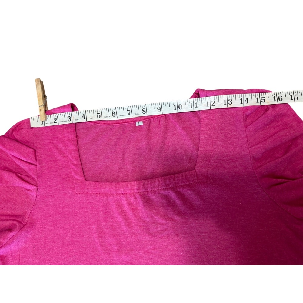 Pink Square Neck Puff Sleeve Top Heathered Pleated Short Sleeve Blouse Large - Picture 7 of 8